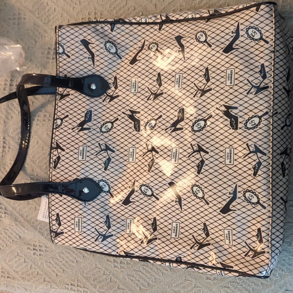LULU GUINNESS COSMETIC TOTE Blush Pink & Black Fishnet Logo Print New with Tags